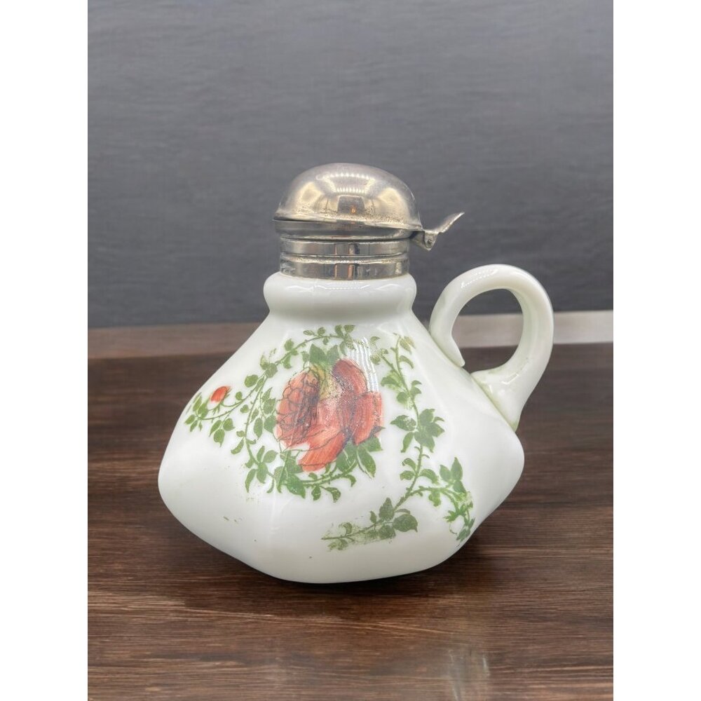 Antique Victorian Milk Glass Floral Syrup Pitcher Circa 1900